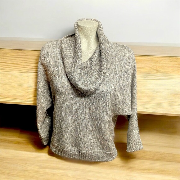 INC International Concepts Sweaters - INC Grey With Silver Sequin Cowl Neck Sweater Size L